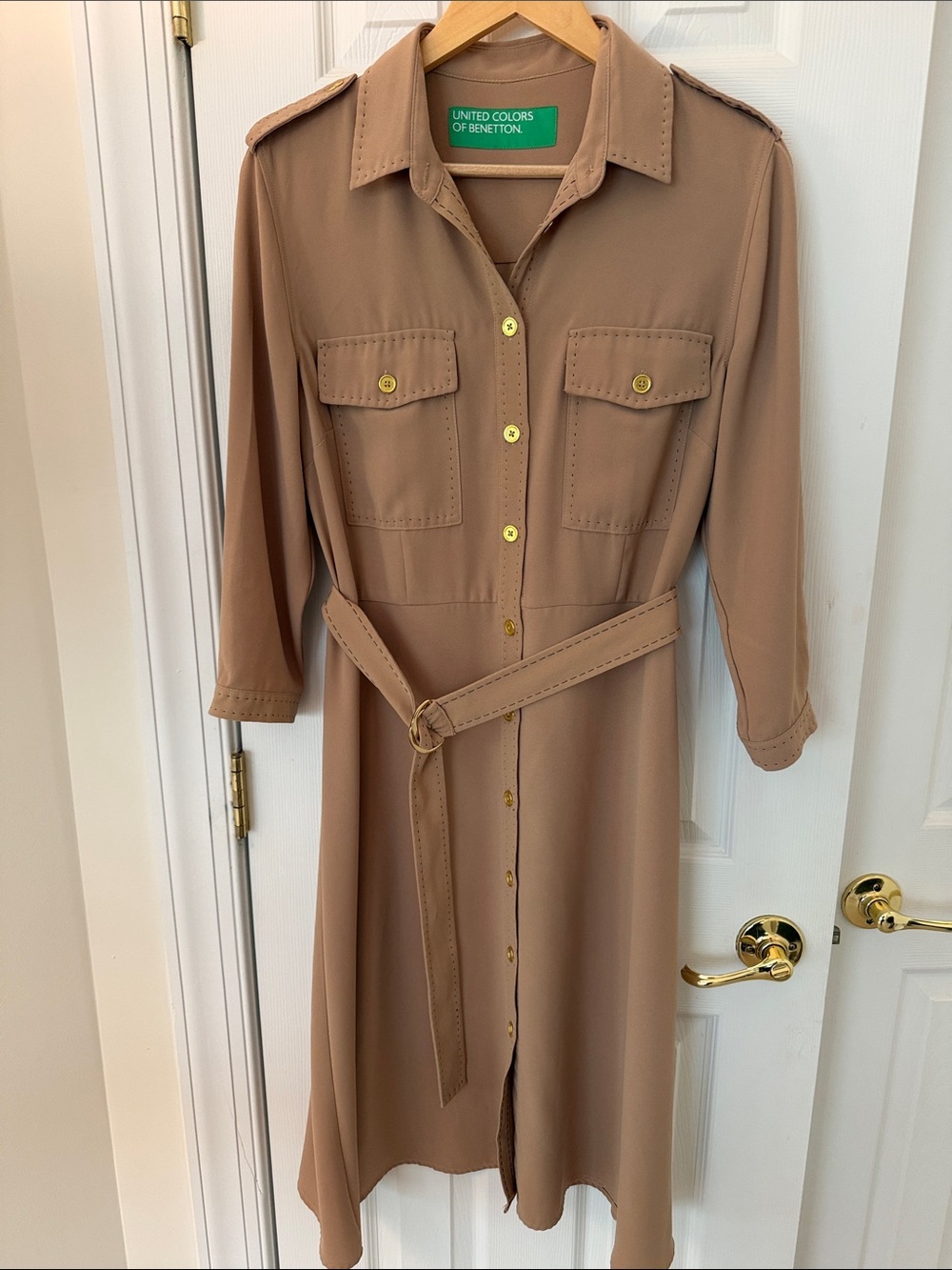 United Colors Of Benetton Taupe Tan Shirt Midi Dress with Belt - VINTAGE!!!